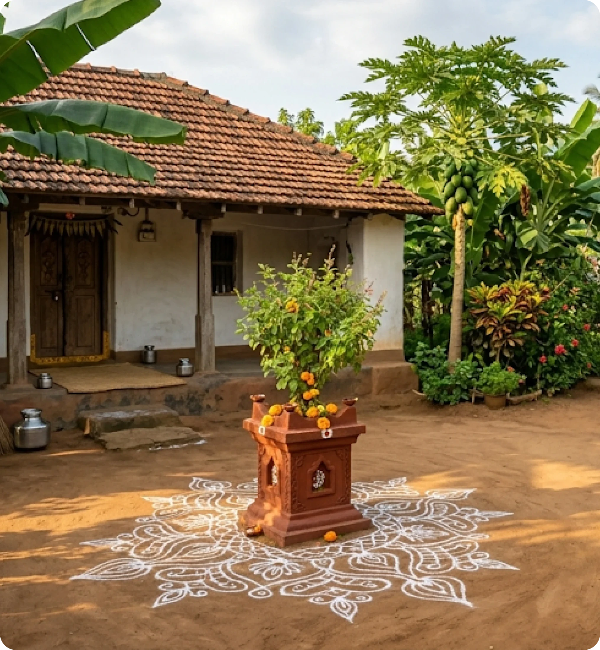 Traditional home garden with kolam